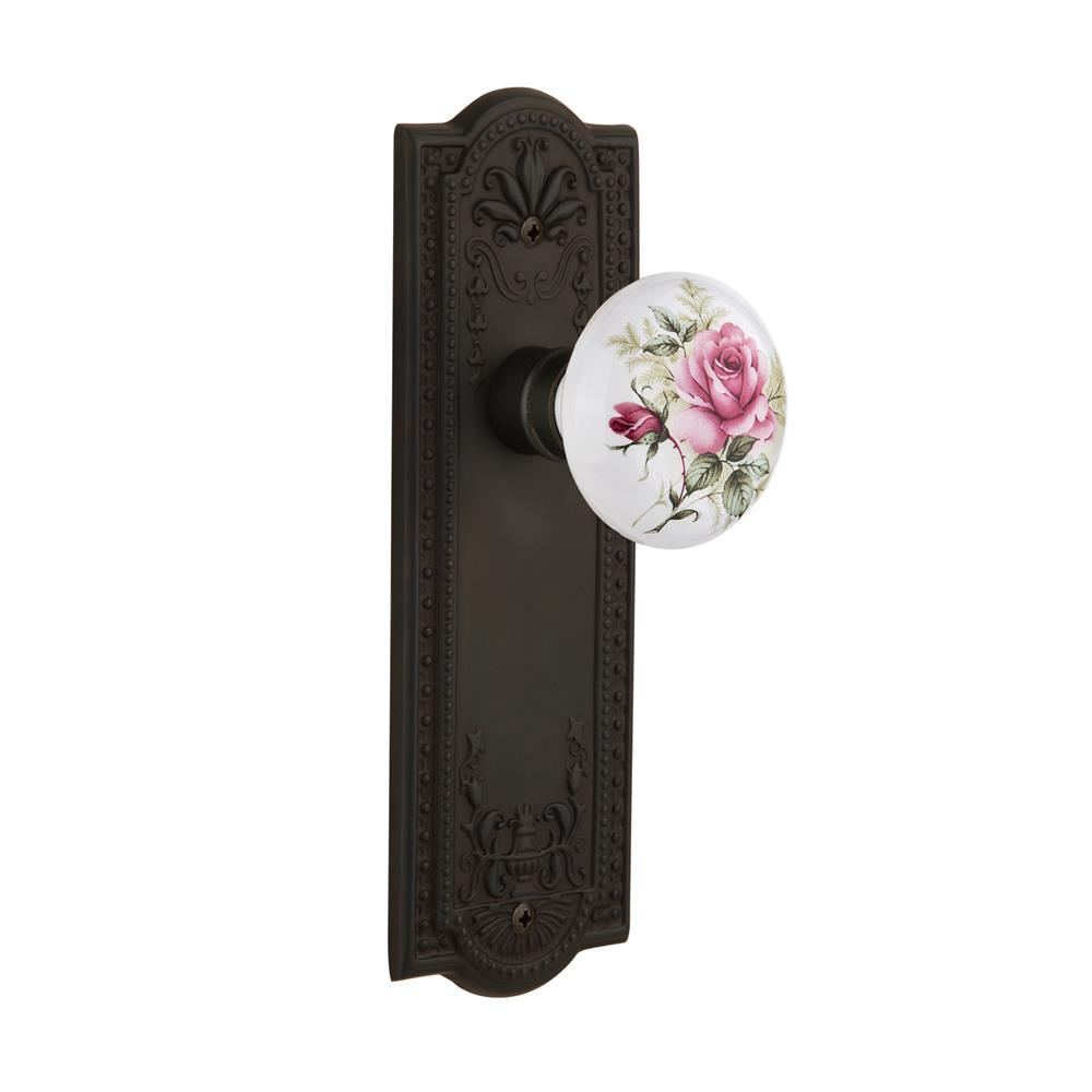 Nostalgic Warehouse MEAROS Single Dummy Meadows Plate with Rose Porcelain Knob without Keyhole in Oil Rubbed Bronze